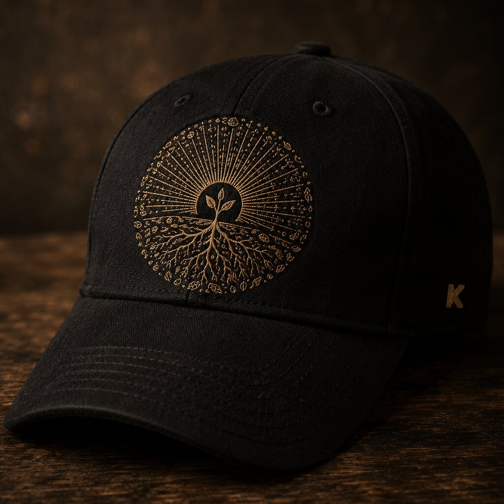 Gorra Origen — emblema de brote y raíces en oro