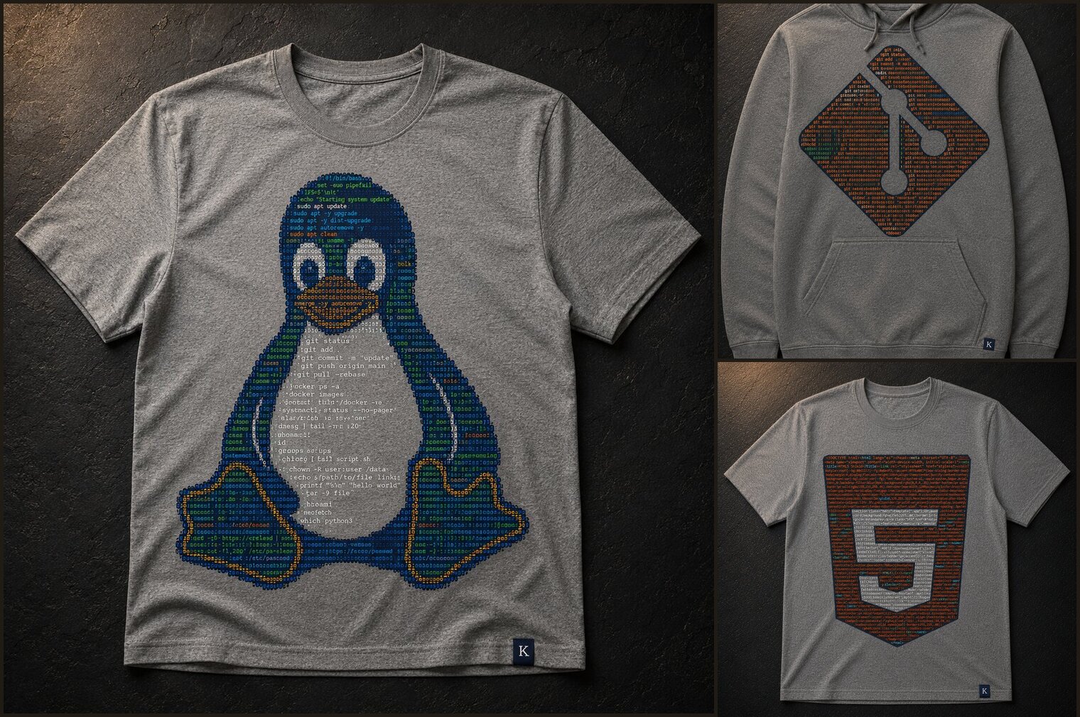 Colección Runtime — playeras Kernel (Tux) y Markup (HTML5) y sudadera Fork (Git)